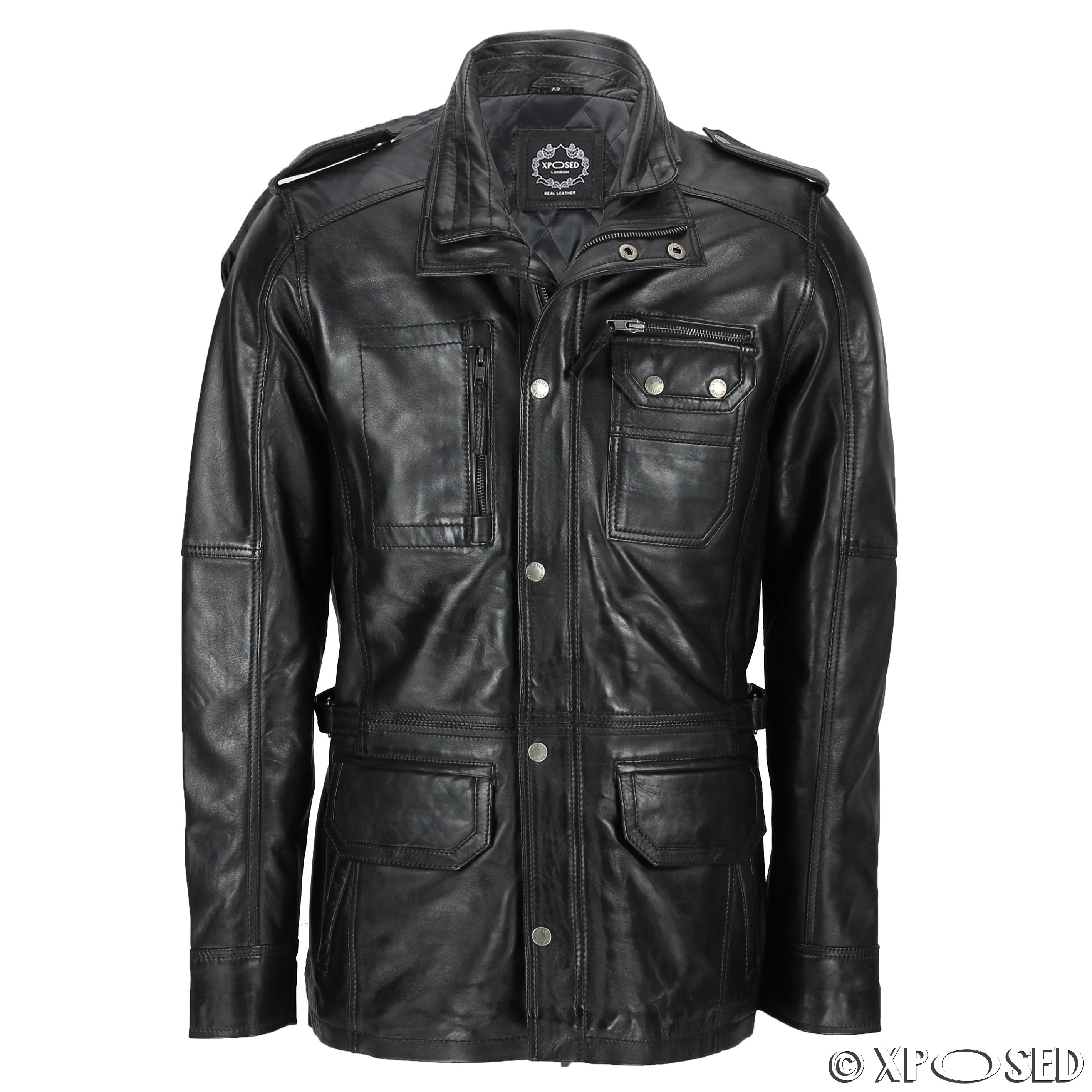 New Mens Retro Real Leather Washed Tan Brown Vintage Military Coat